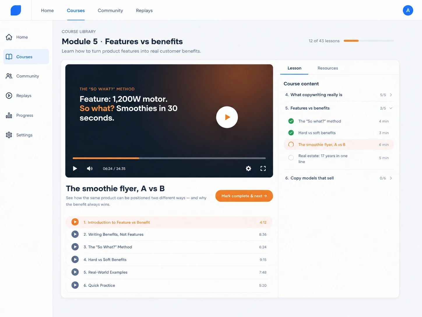 The TCCH Academy lesson player: a Get Paid For Words lesson with the course content list beside it