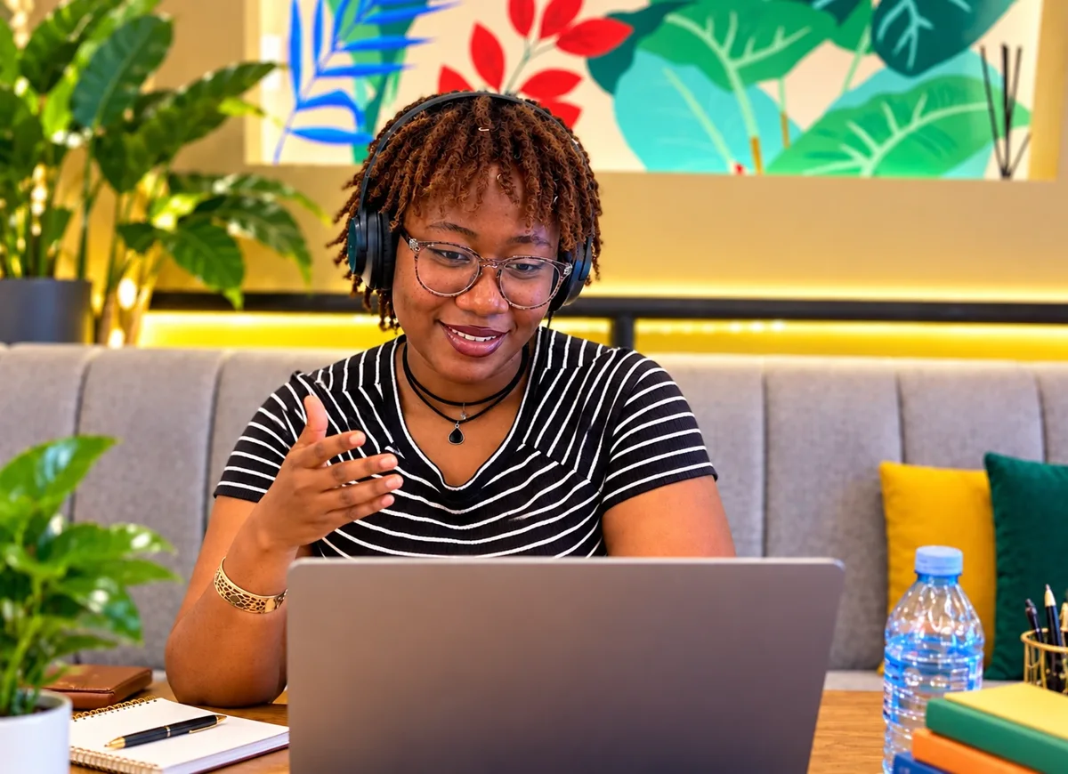 The same student smiling and talking in a live online class